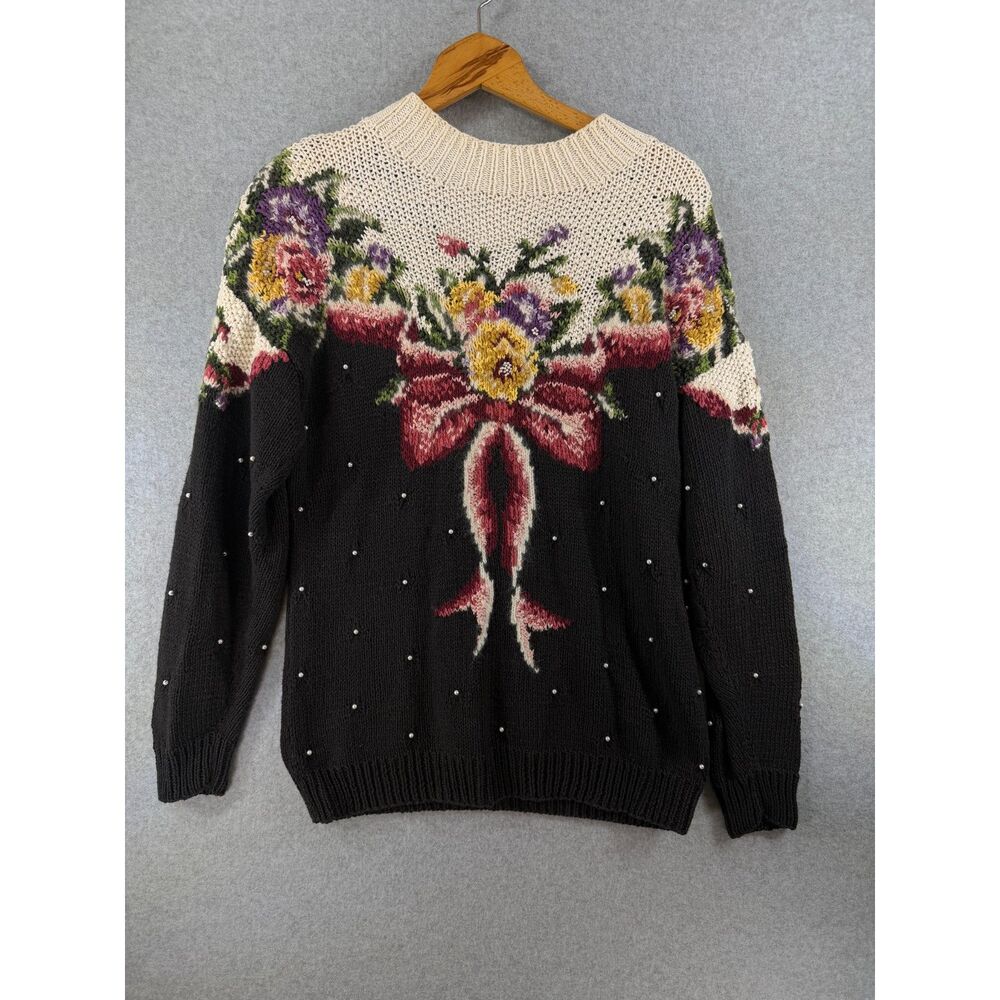 Vintage Marisa Christina M Black Floral Bow Pearl Hand Knit Sweater 3786